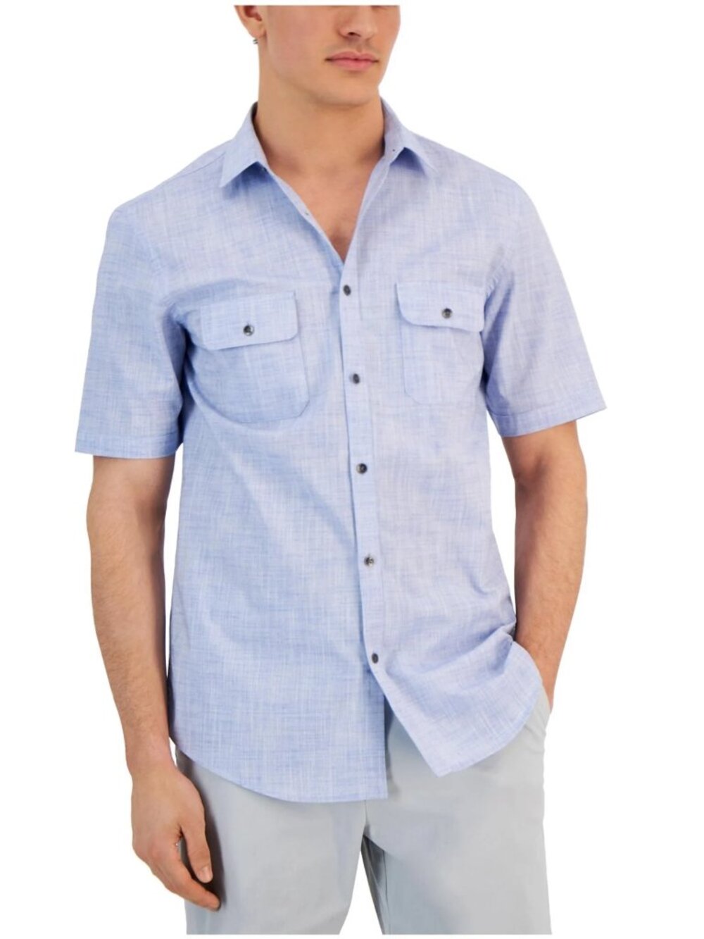 Alfani Mens Warren Cotton Collared Button-Down Shirt Blue Medium